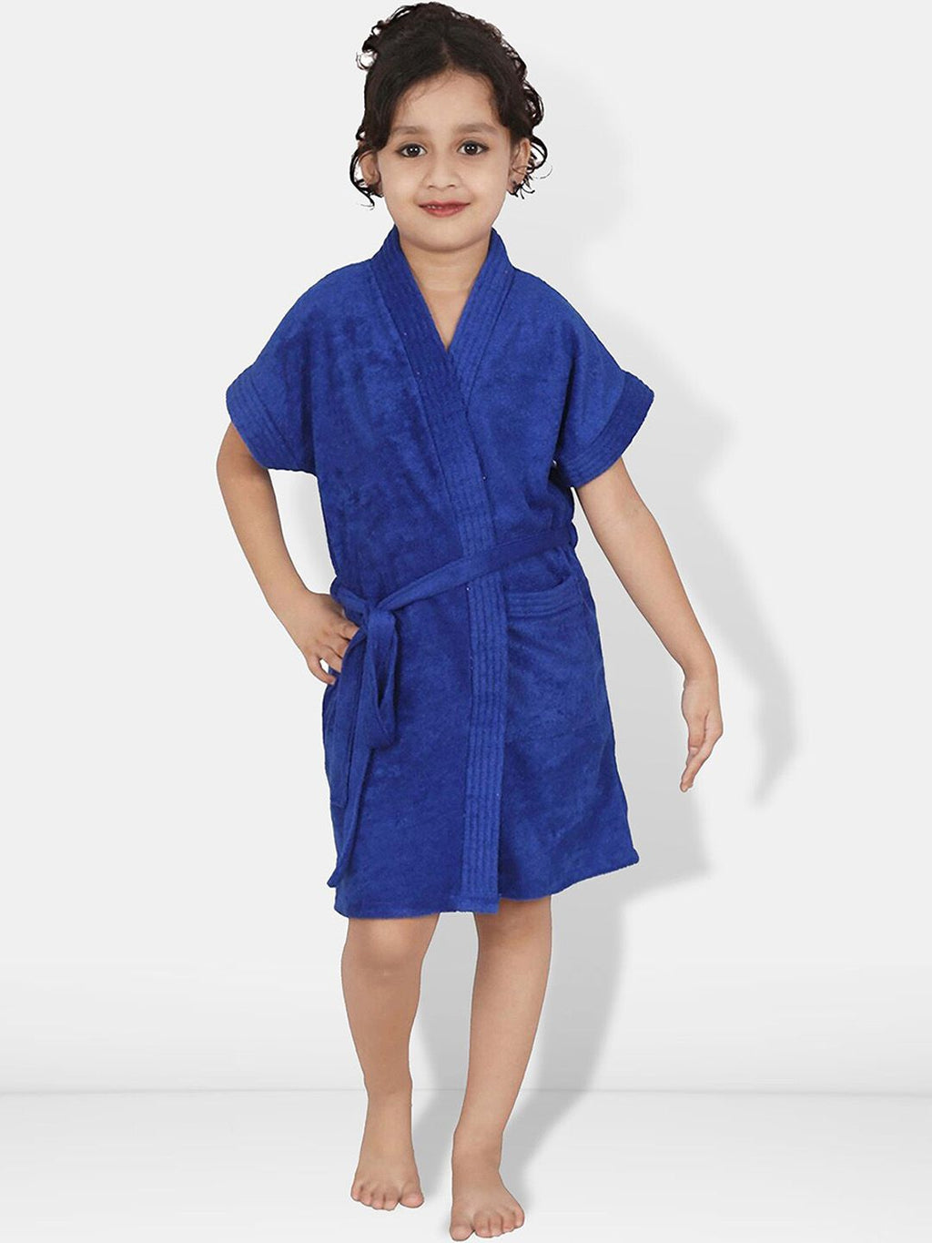 Be You Blue Solid Cotton Drawstring Knee Length Bath Robe