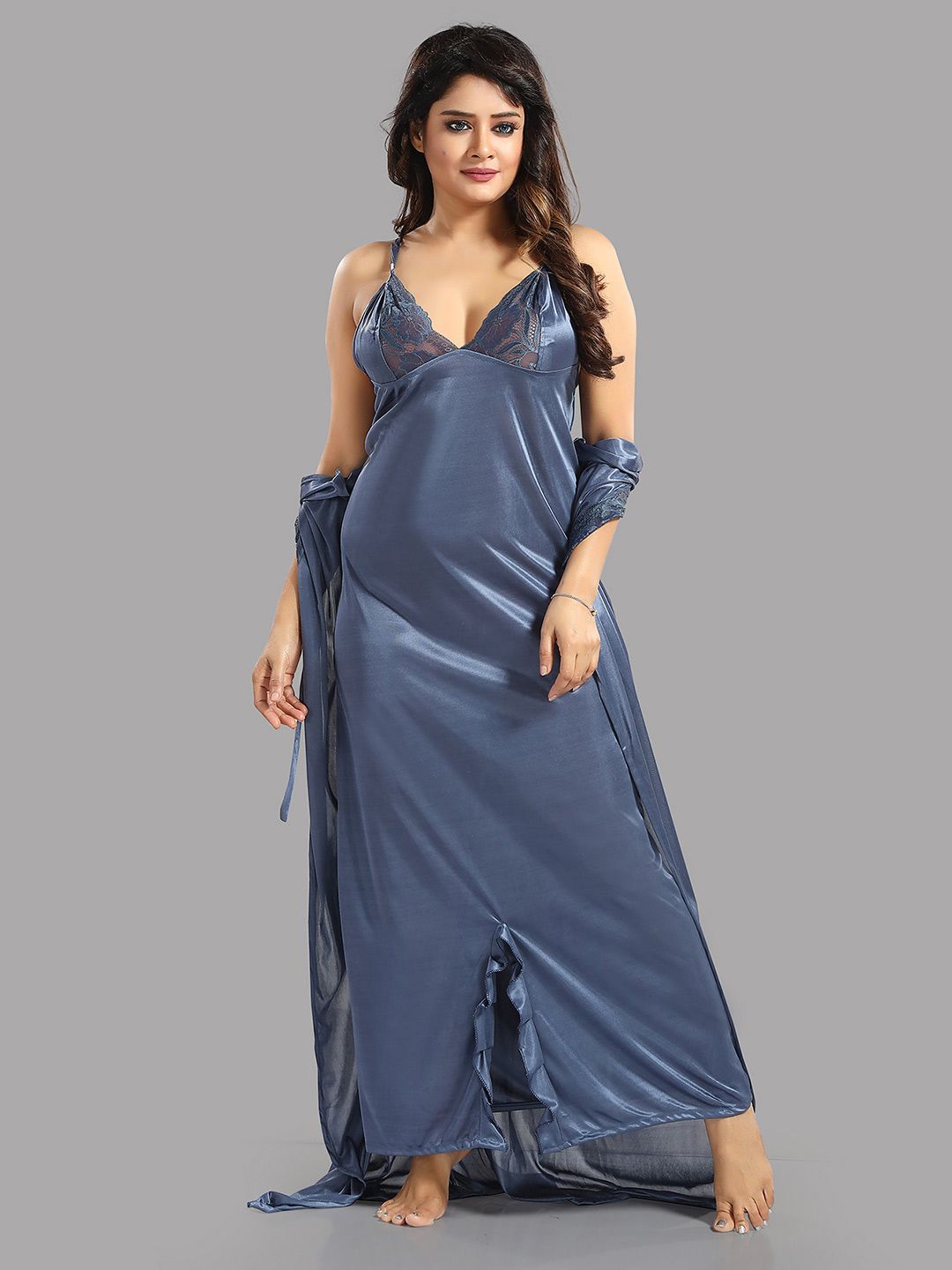 Blue Satin Maxi Shoulder Straps Nightdress