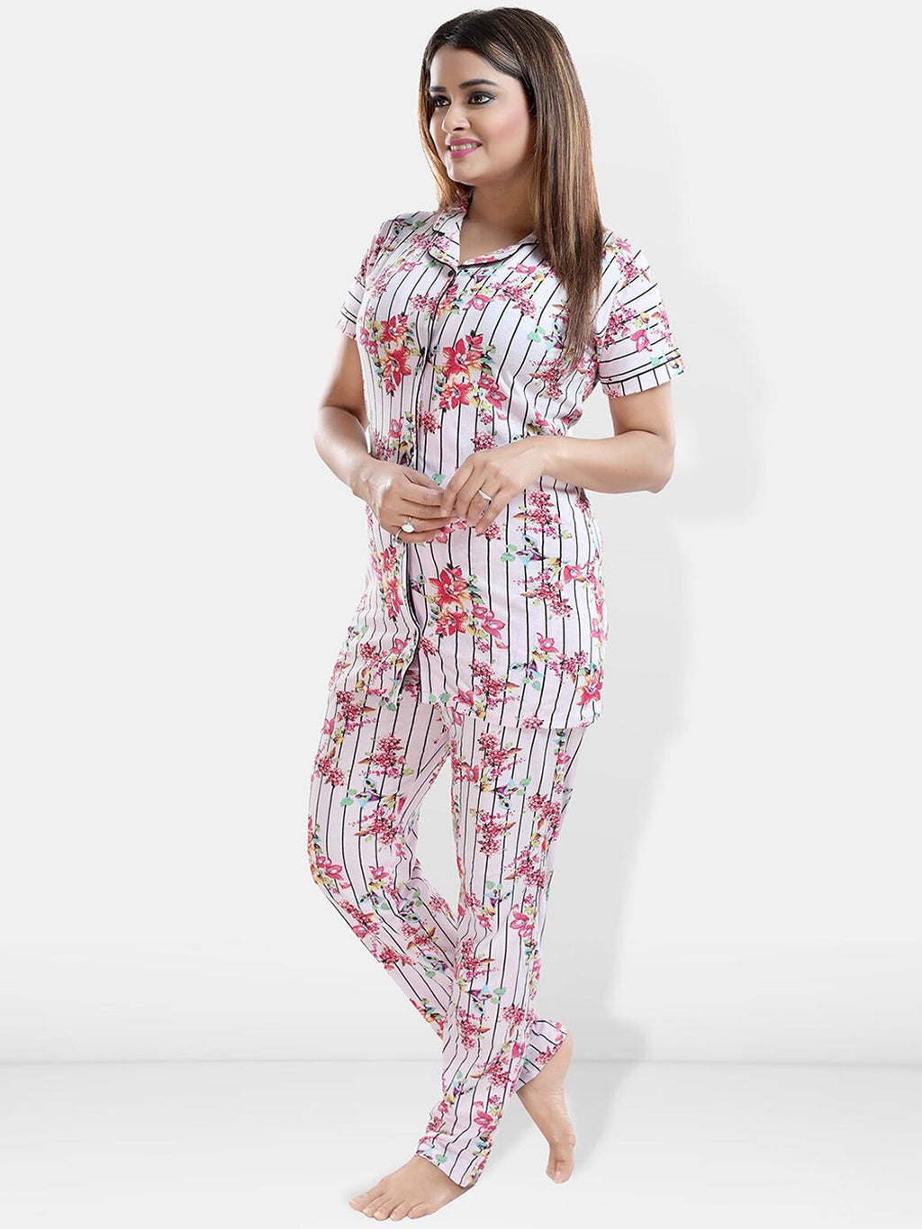 Floral Printed Lapel Collar Night Suit