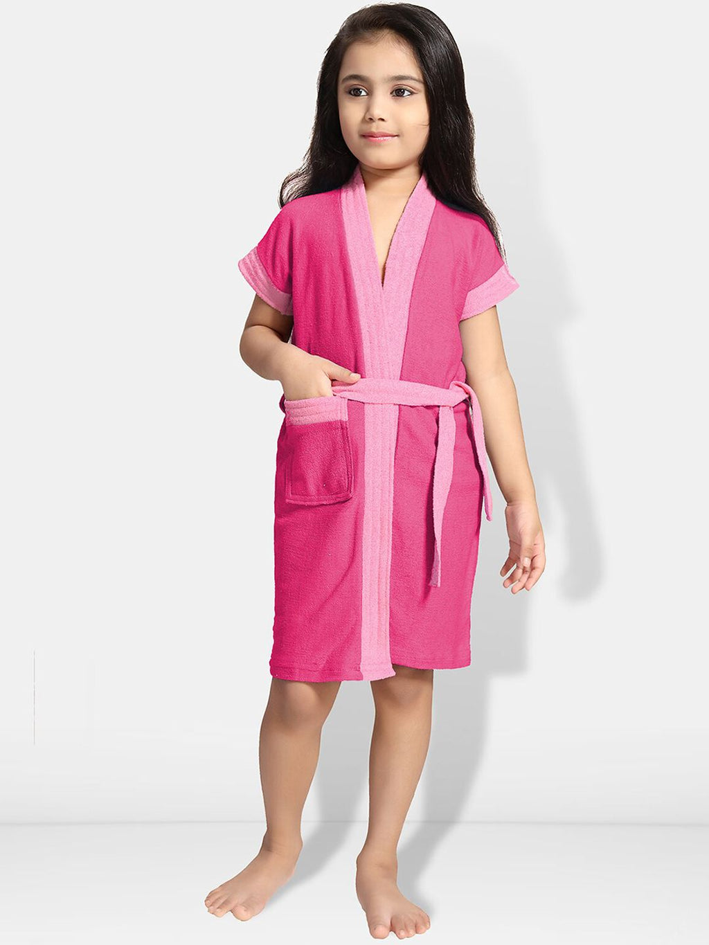 Be You Two-Tone Pink Solid Cotton Drawstring Knee Length Bath Robe