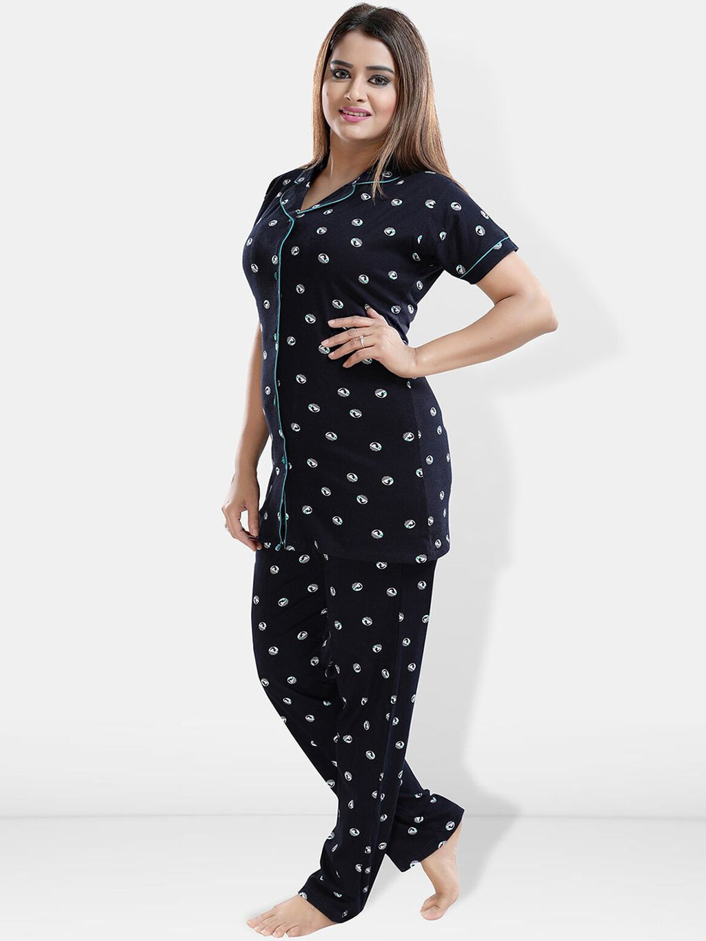 Geometric Printed Lapel Collar Night Suit
