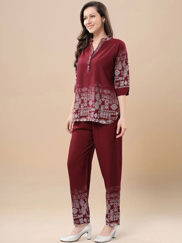 Women's Printed Mandarin Collar Tunic & Trouser Co-ord Set