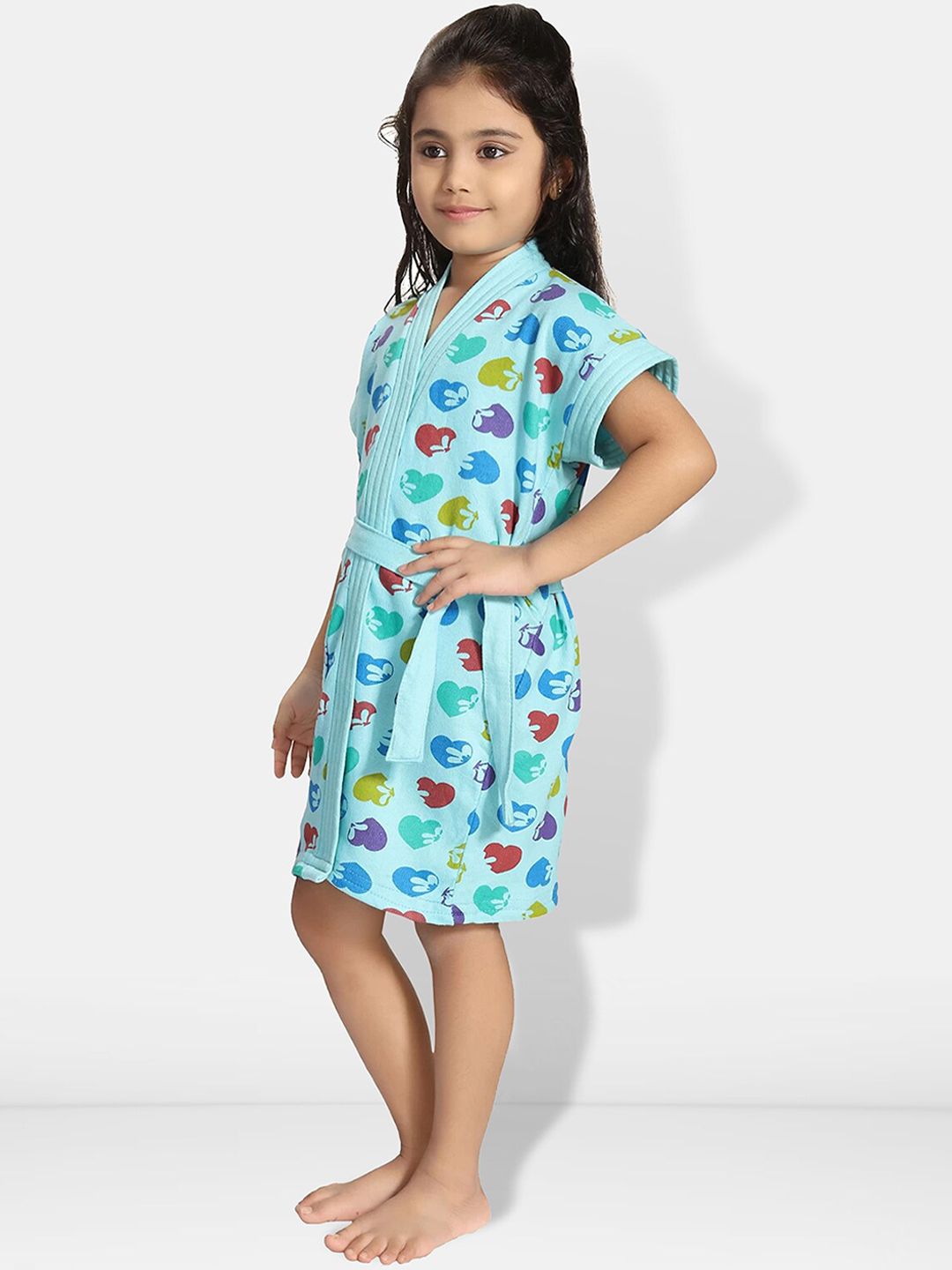 Hearts Blue Conversational Cotton Drawstring Knee Length Bath Robe