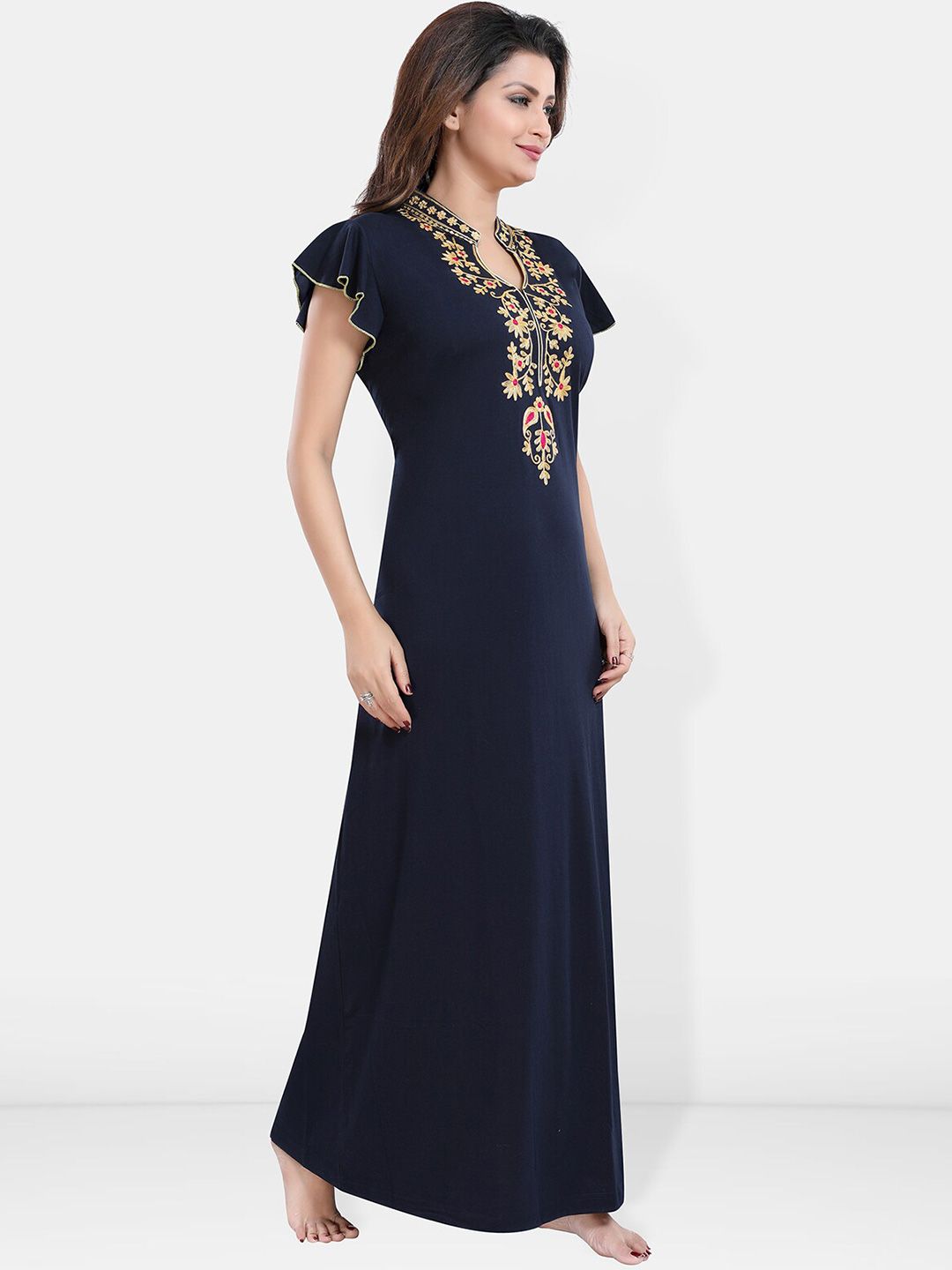Floral Embroidered Mandarin Collar Maxi Nightdress