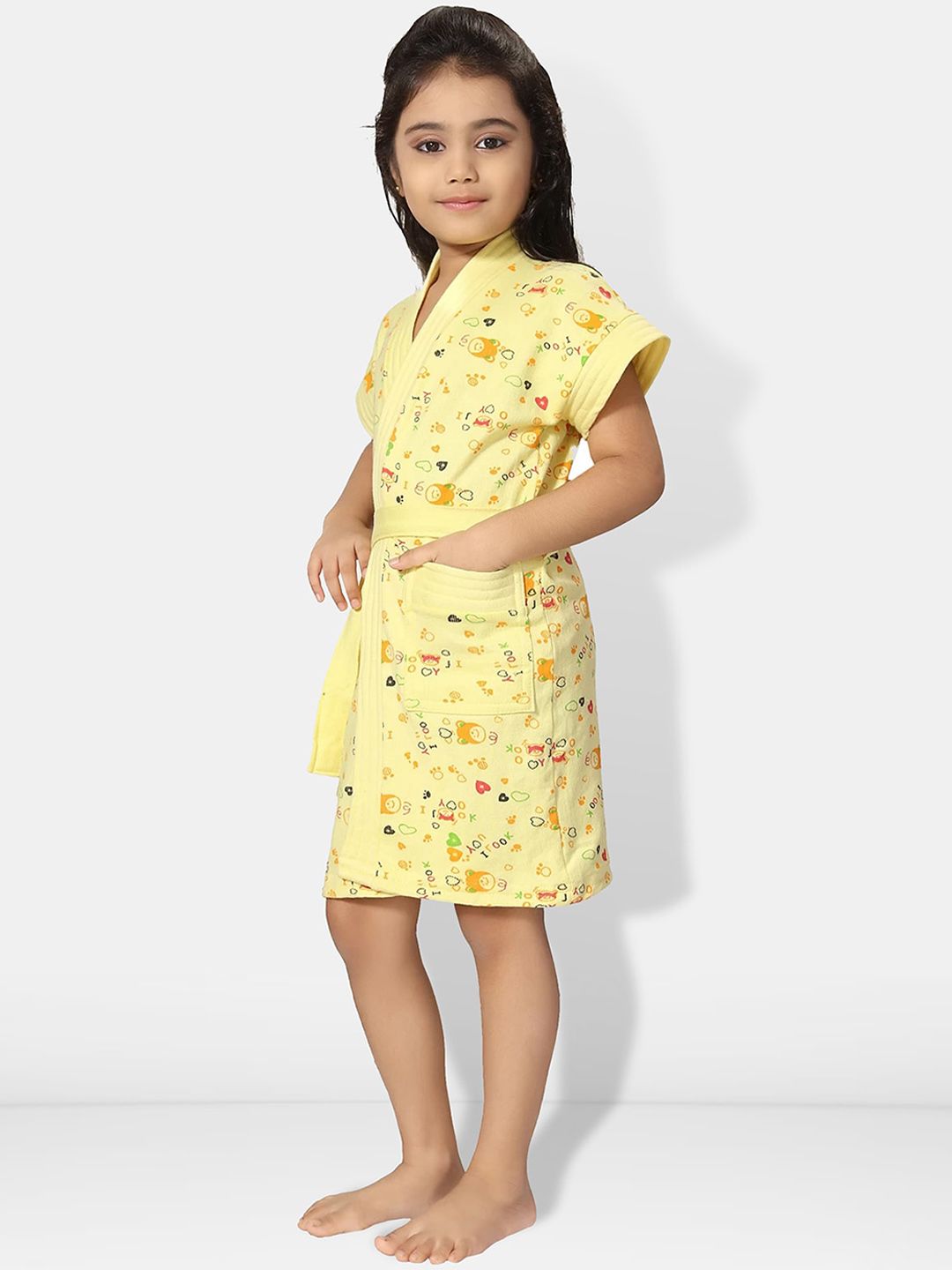 Yellow Conversational Cotton Drawstring Knee Length Bath Robe