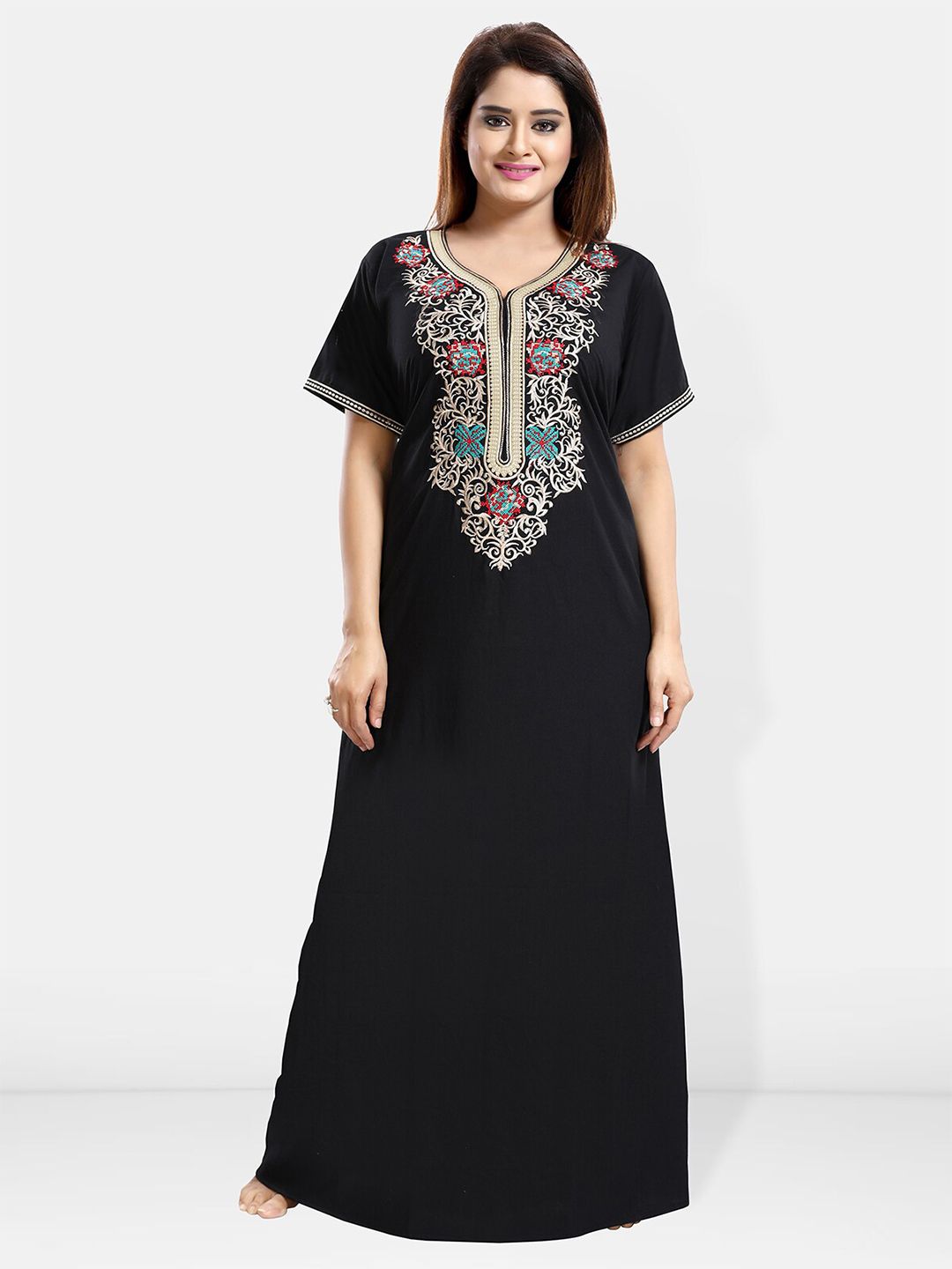 Be You Ethnic Motifs Embroidered Maxi Nightdress