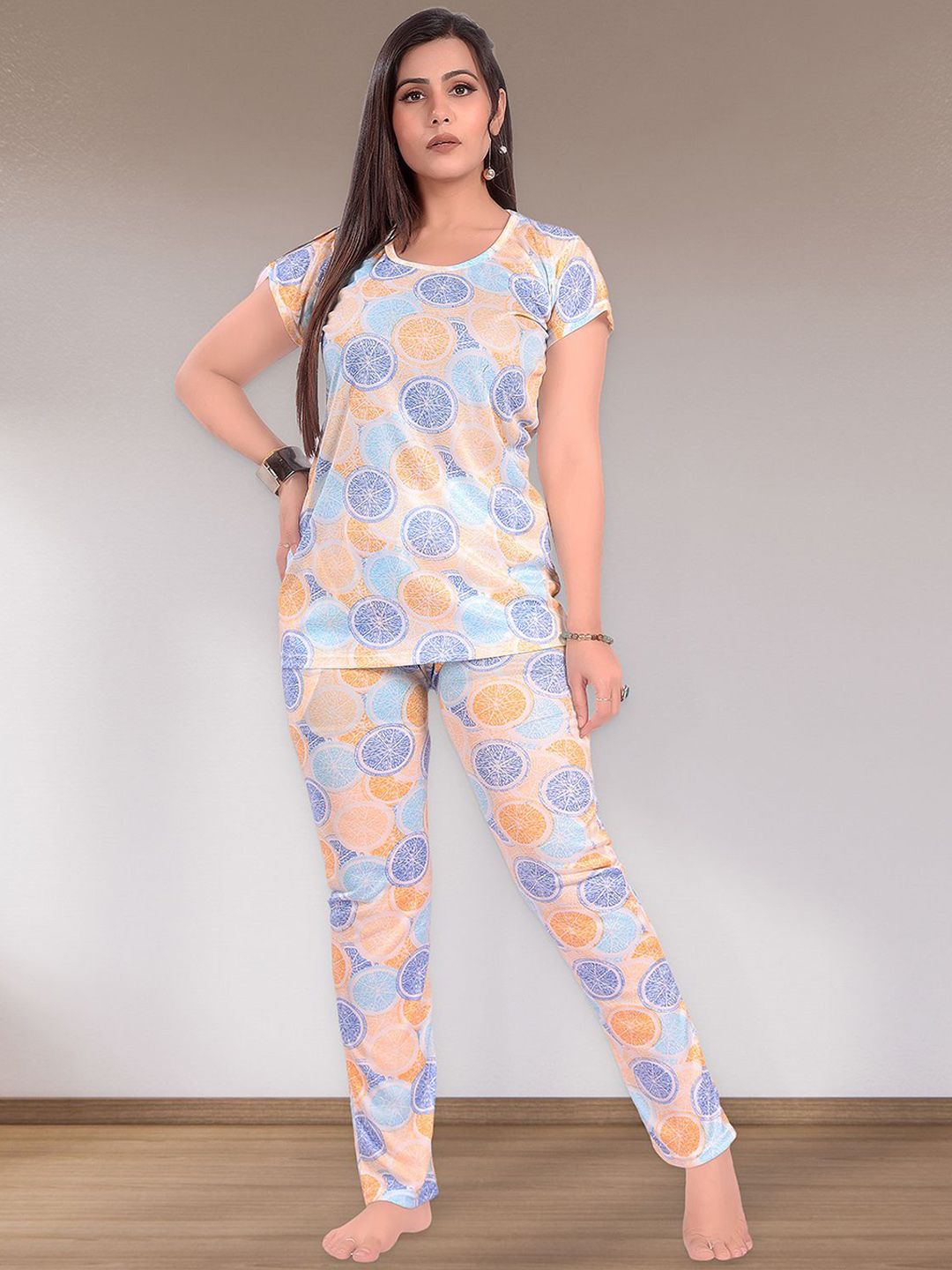Women Abstract Printed Round Neck Night suit