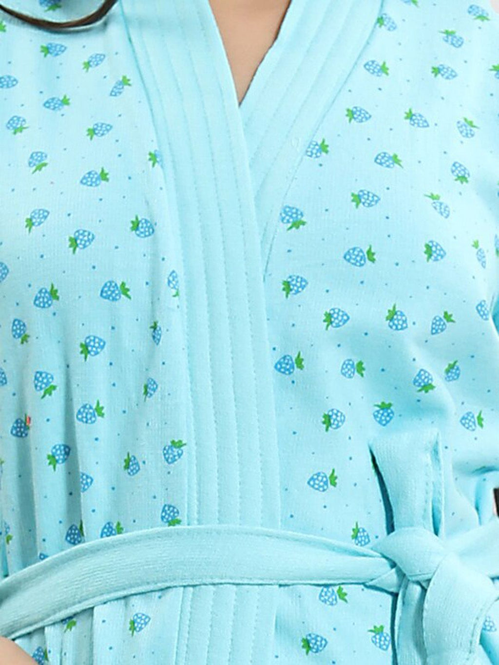 Blue Conversational Cotton Drawstring Knee Length Bath Robe