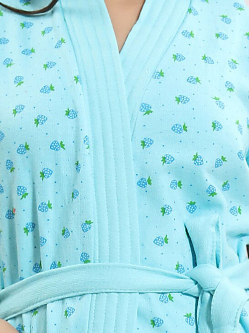 Blue Conversational Cotton Drawstring Knee Length Bath Robe