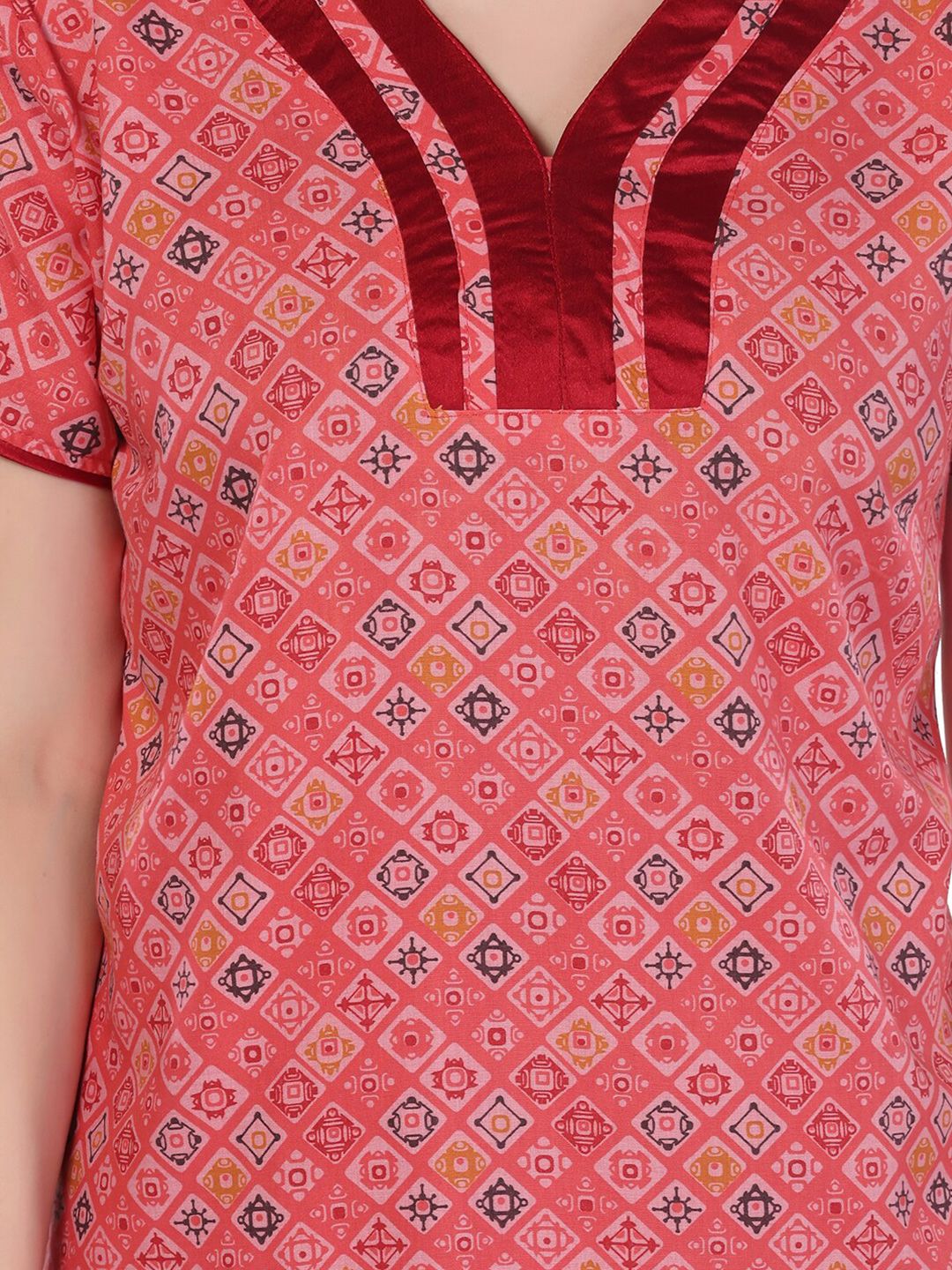 Women Peach-Coloured Printed Maxi Nightdress