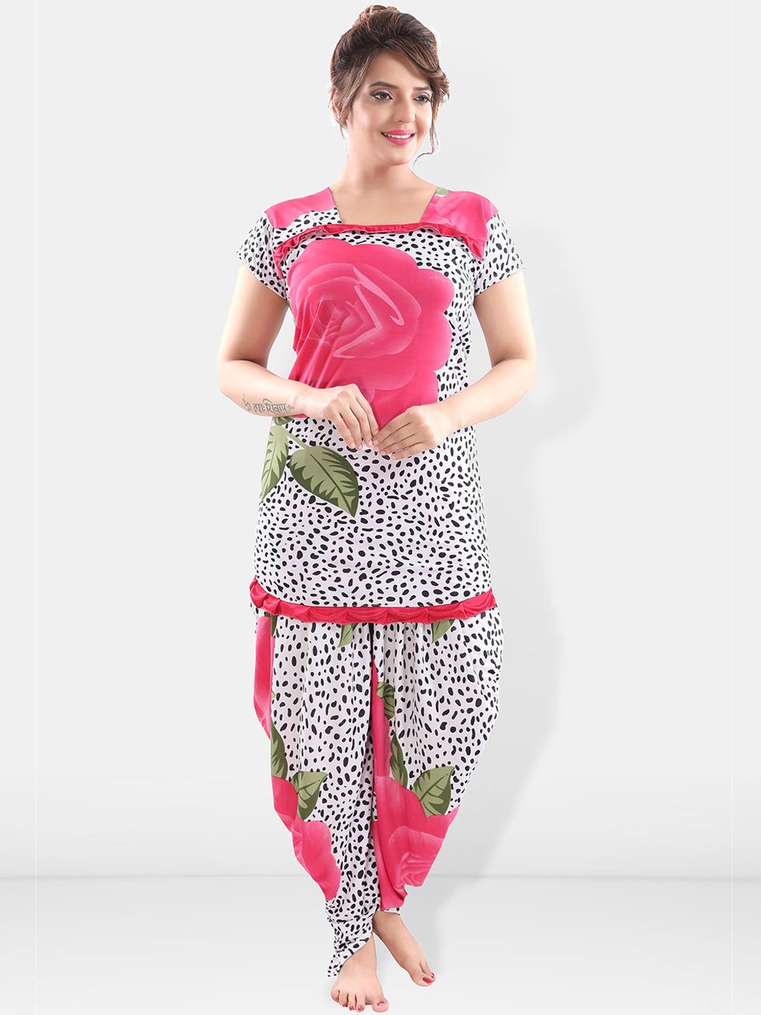 Be You Women Pink & White Printed Night suit