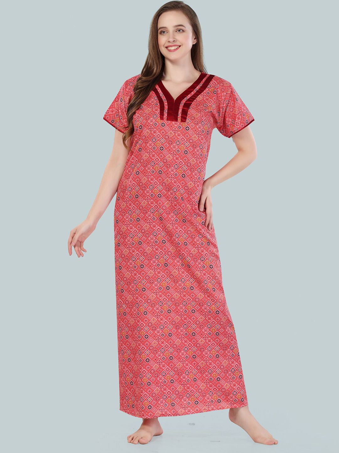 Be You Women Peach-Coloured Printed Maxi Nightdress