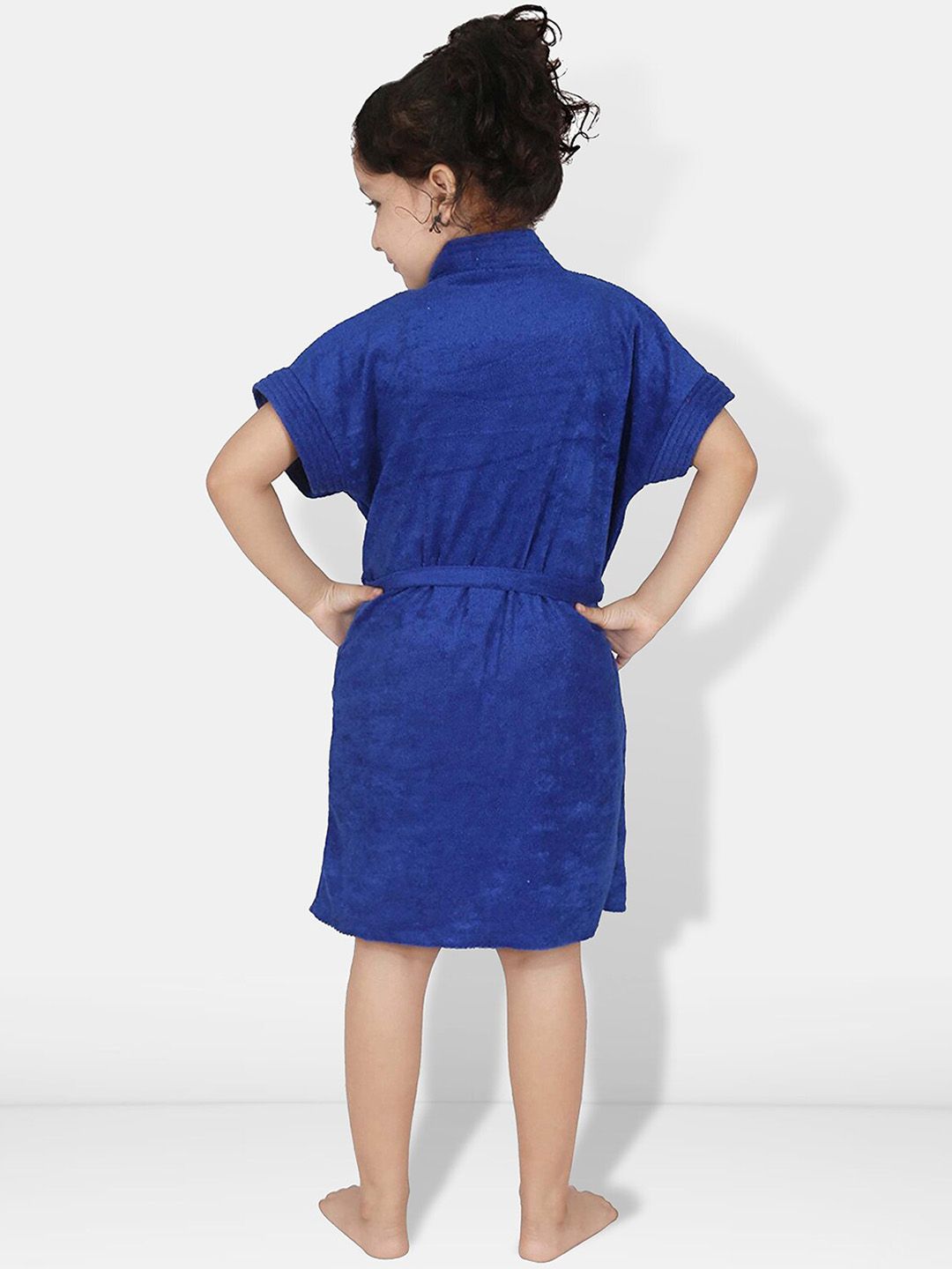 Blue Solid Cotton Drawstring Knee Length Bath Robe