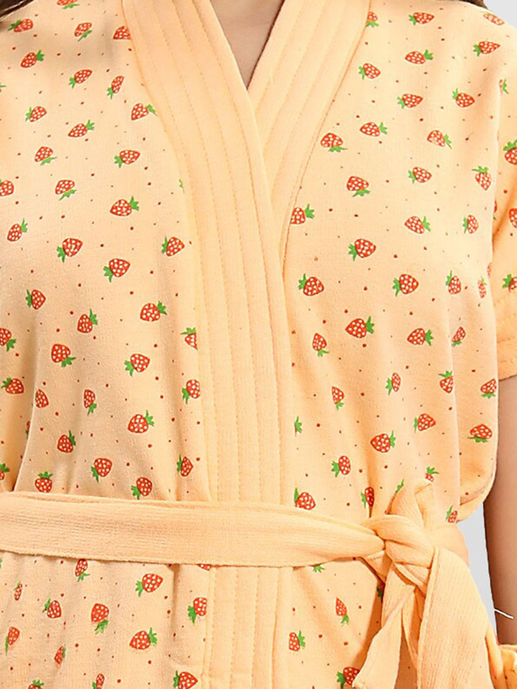 Strawberry Print Peach Conversational Cotton Drawstring Knee Length Bath Robe