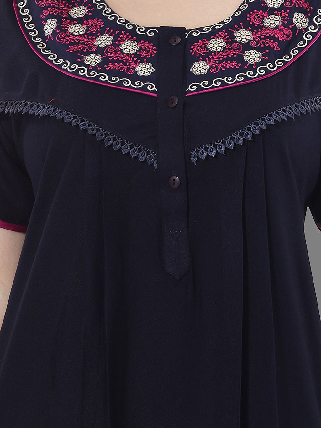 Women Navy Blue Embroidered Maxi Nightdress