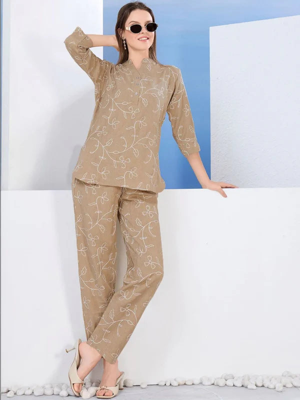 Beige Embroidered Tunic & Trousers