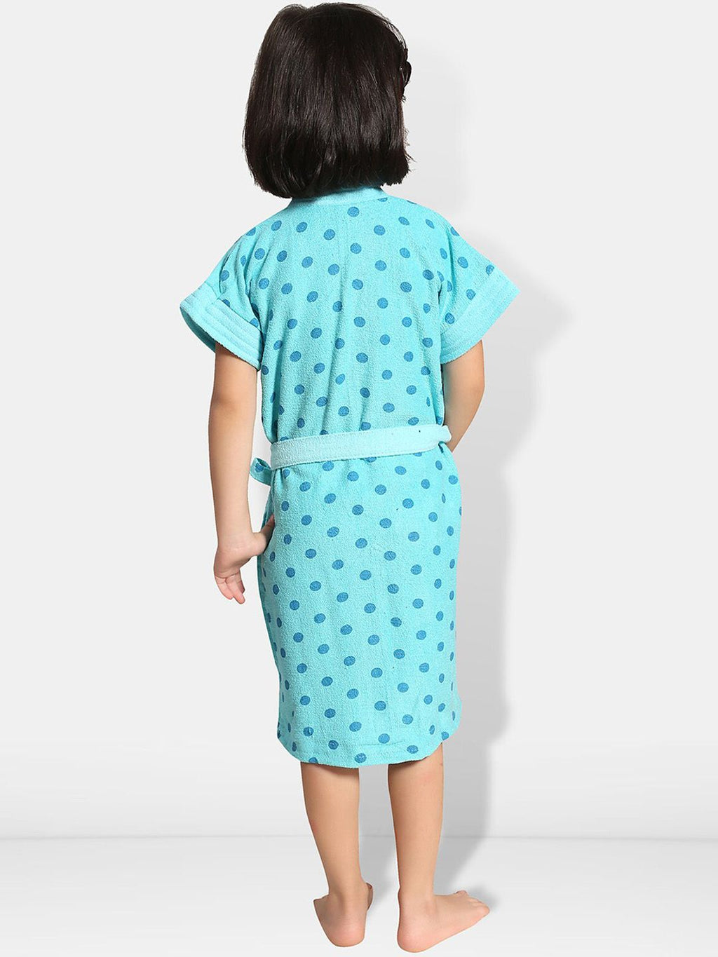 Blue Polka Dots Cotton Drawstring Knee Length Bath Robe