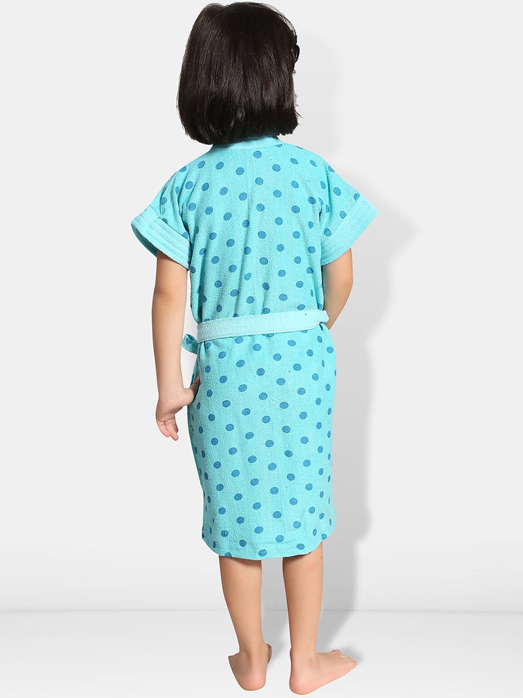 Blue Polka Dots Cotton Drawstring Knee Length Bath Robe