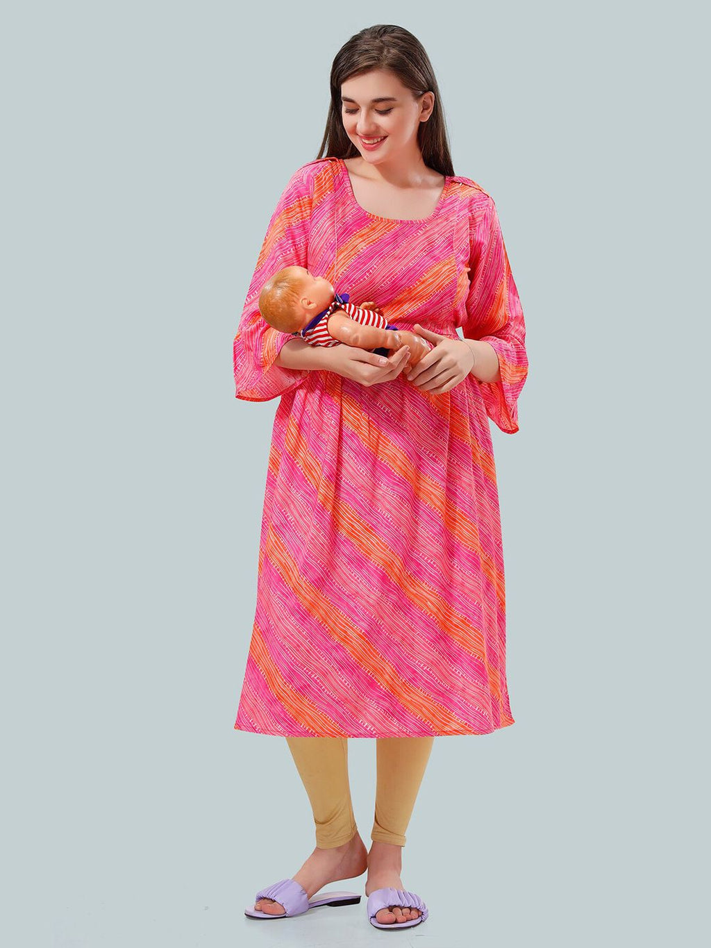 Women Striped Bell Sleeves Maternity Kurta