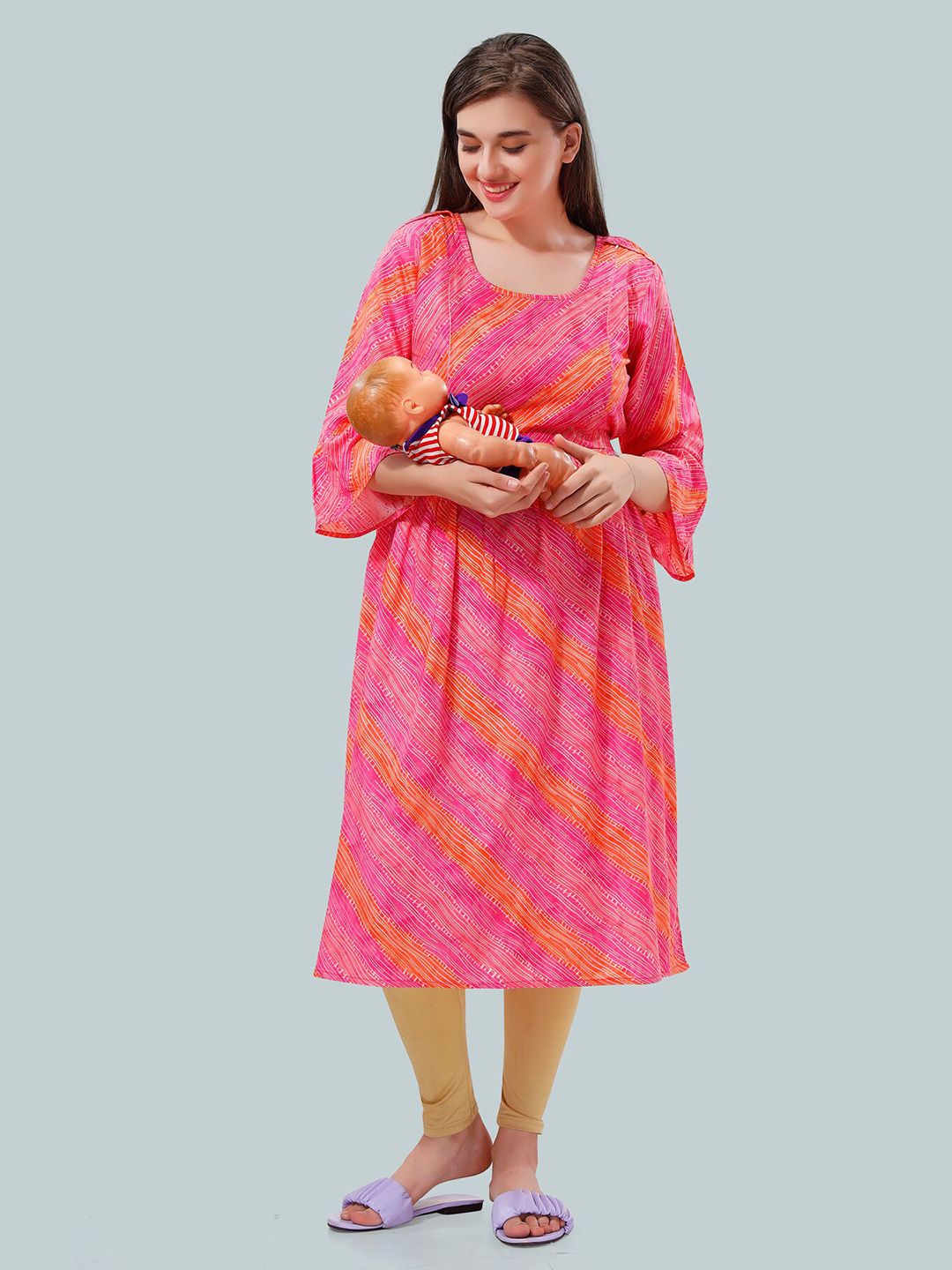 Women Striped Bell Sleeves Maternity Kurta