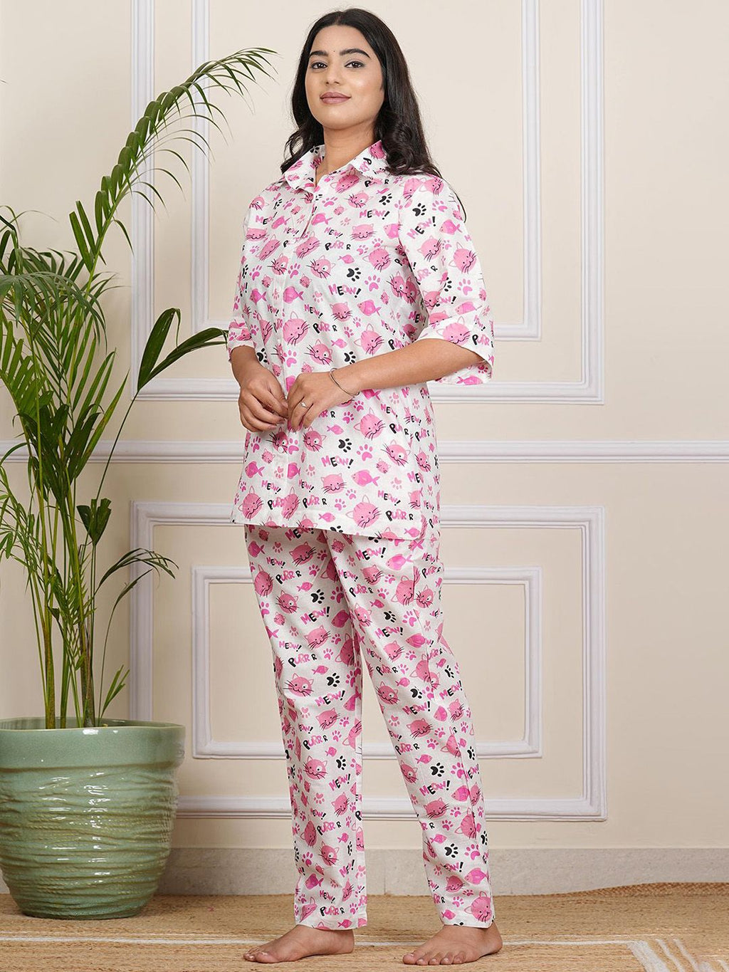 Floral Printed Short Sleeves Shirt With Pyjama
