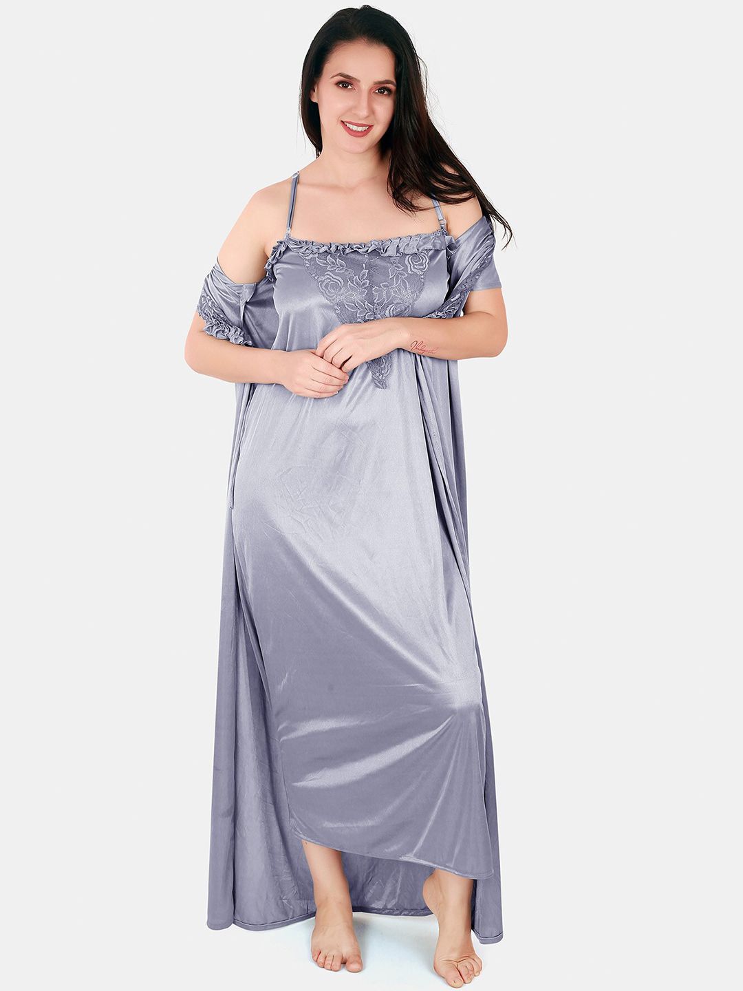 Floral Lace Shoulder Straps Satin Maxi Nightdress With Robe