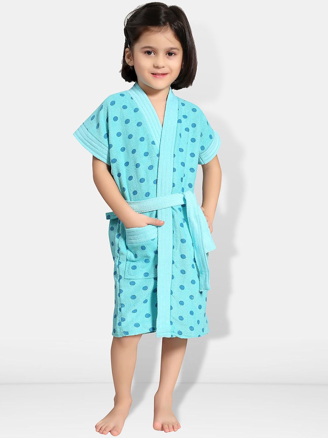 Be You Blue Polka Dots Cotton Drawstring Knee Length Bath Robe