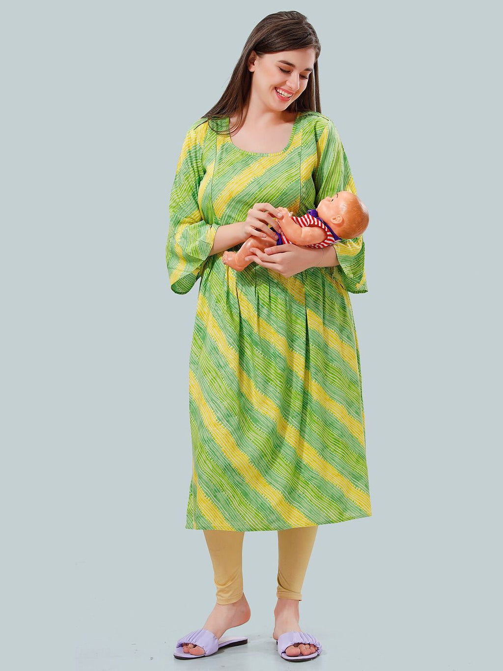 Women Striped Bell Sleeves Maternity Kurta