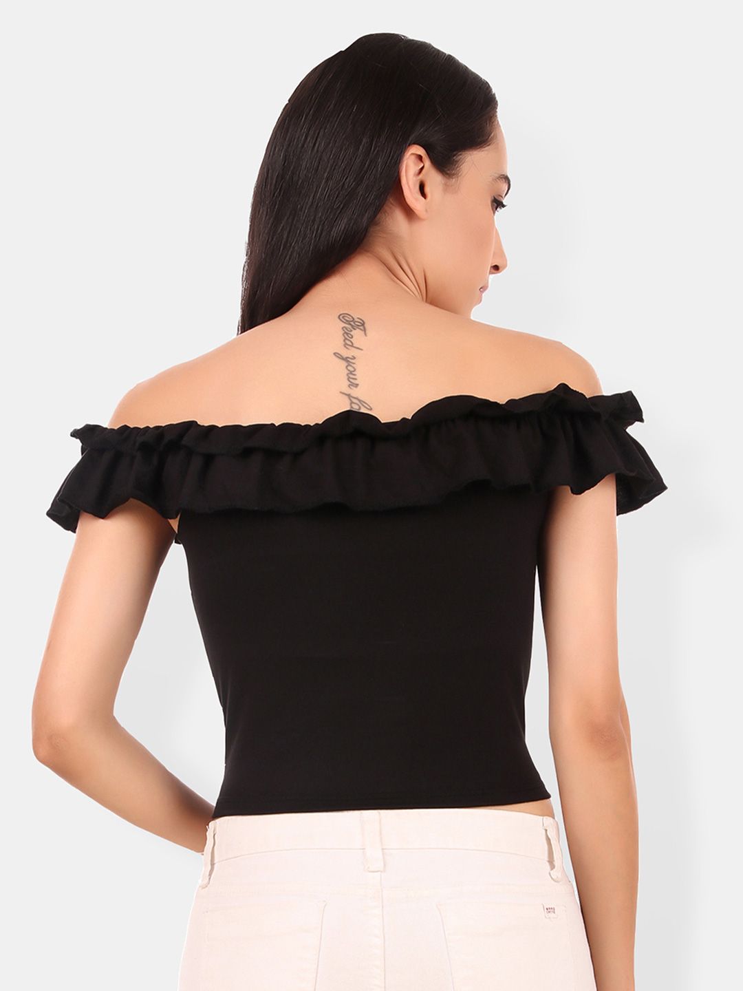 Off-Shoulder Flutter Sleeve Ruffles Cotton Bardot Crop Top