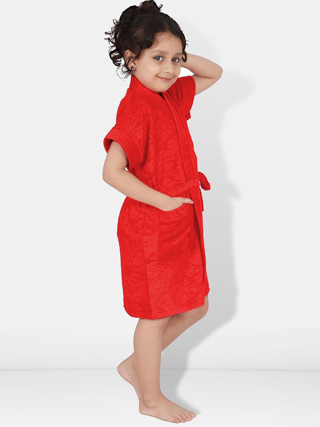 Red Solid Cotton Drawstring Knee Length Bath Robe