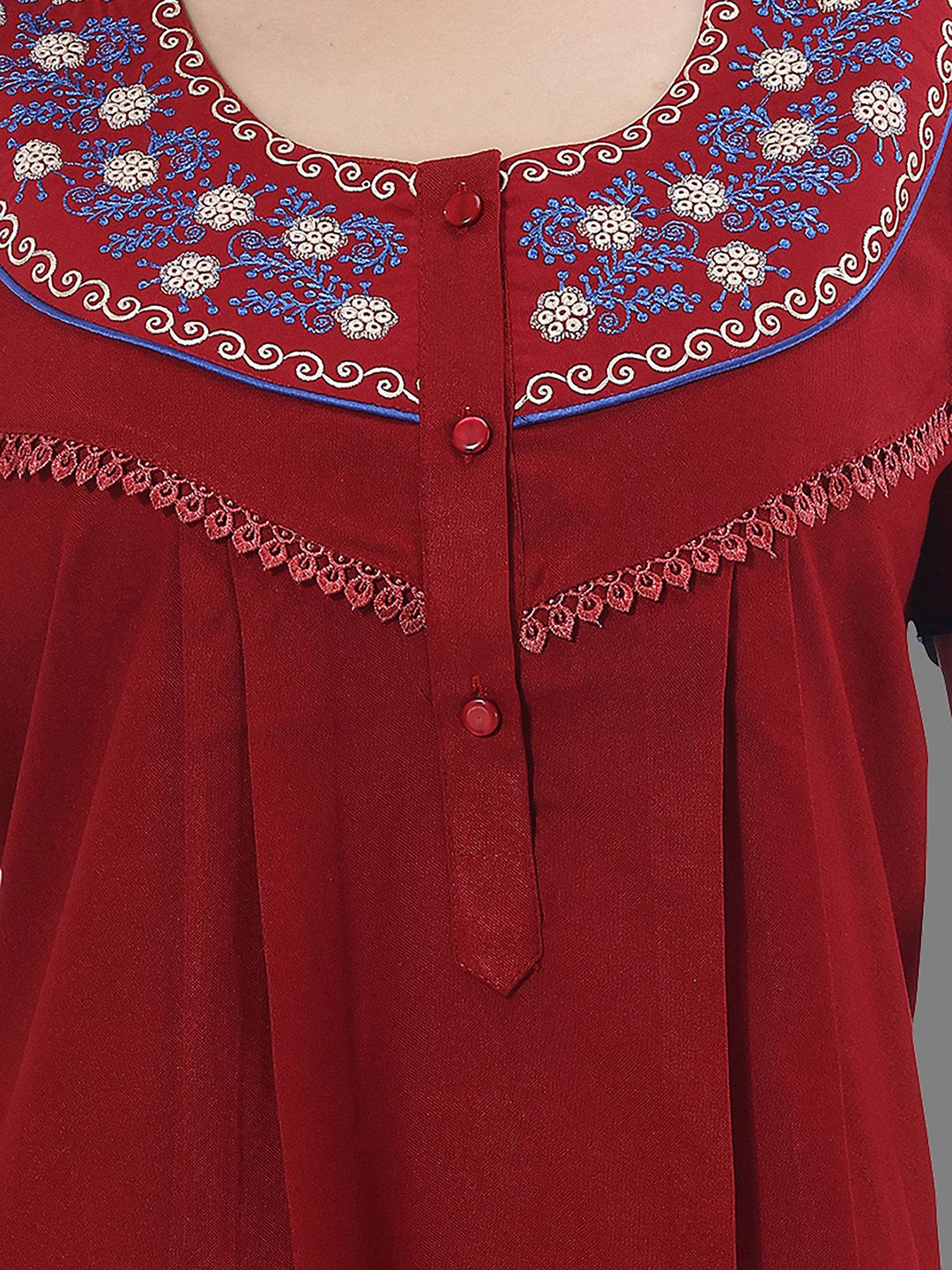 Women Maroon Embroidered Maxi Nightdress