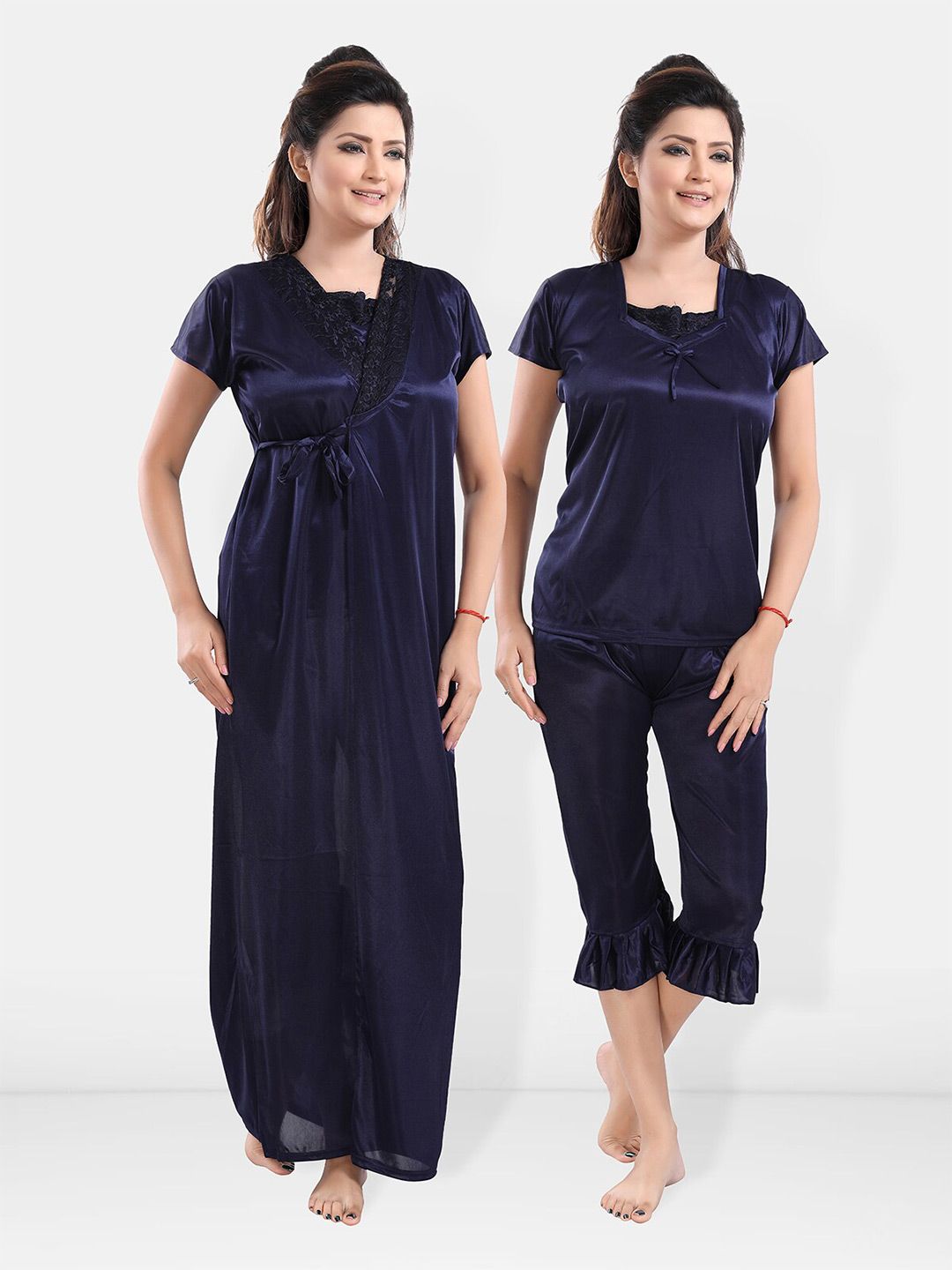 Be You Square Neck Satin Night Suit With Robe