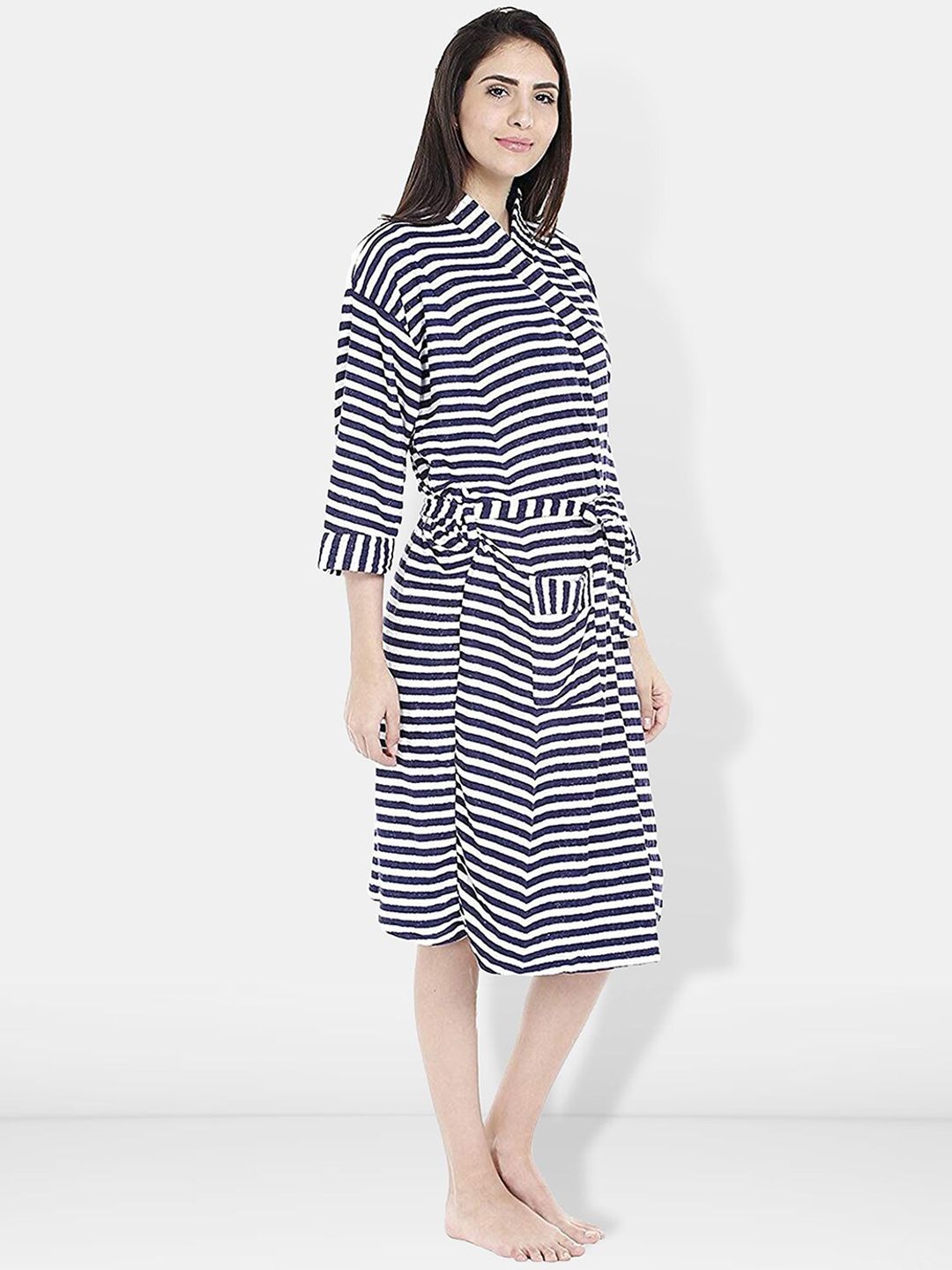 Blue Striped Cotton Drawstring Knee Length Bath Robe-2XL