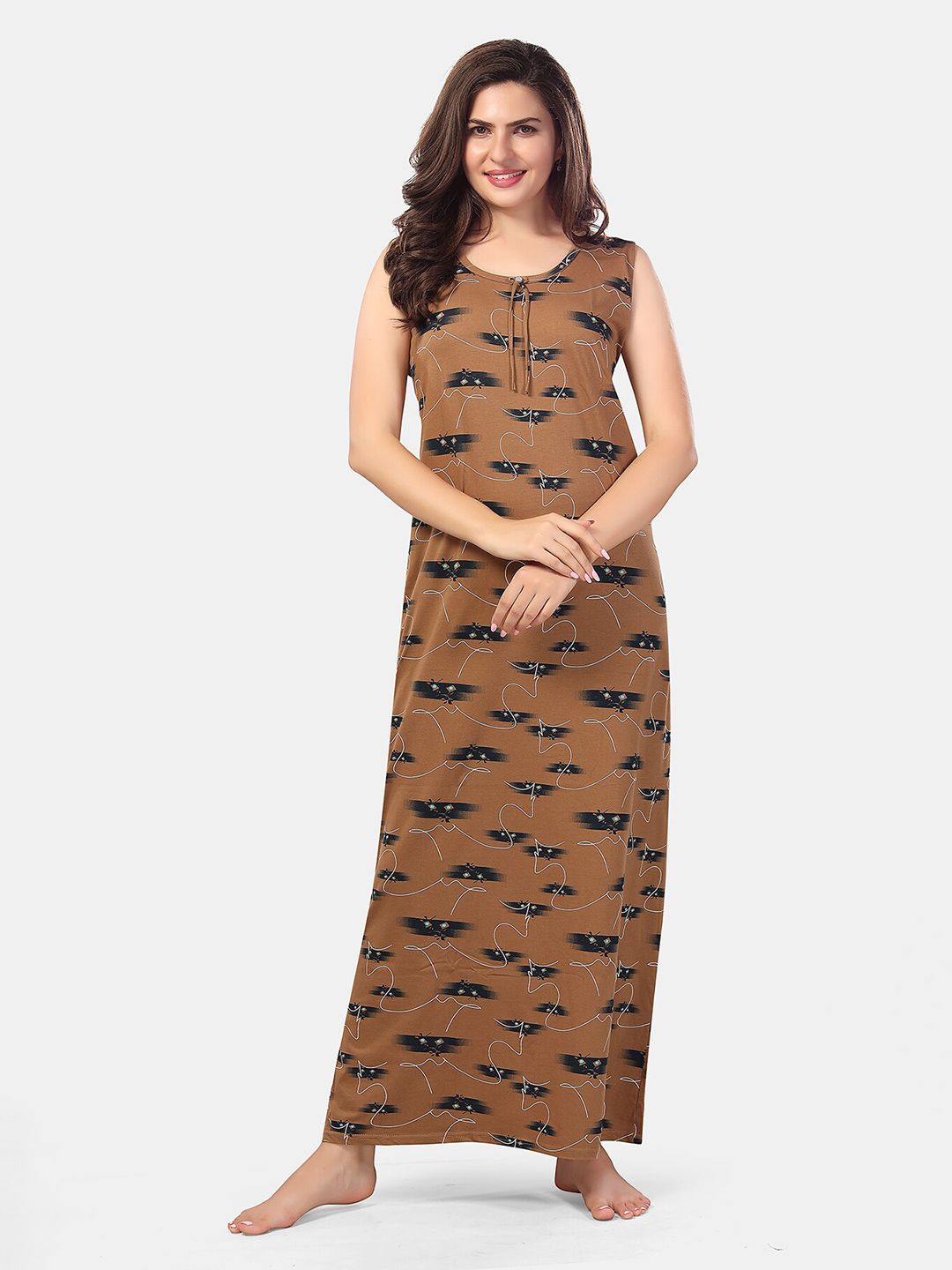 Be You Brown Printed Maxi Nightdress