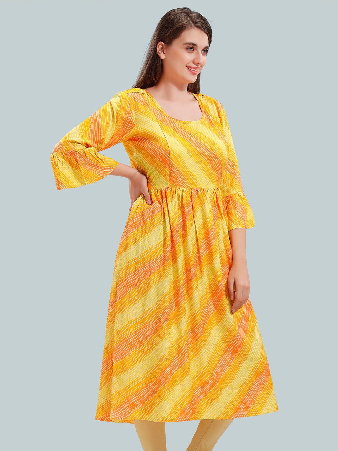 Women Leheriya Printed Bell Sleeves Maternity Kurta