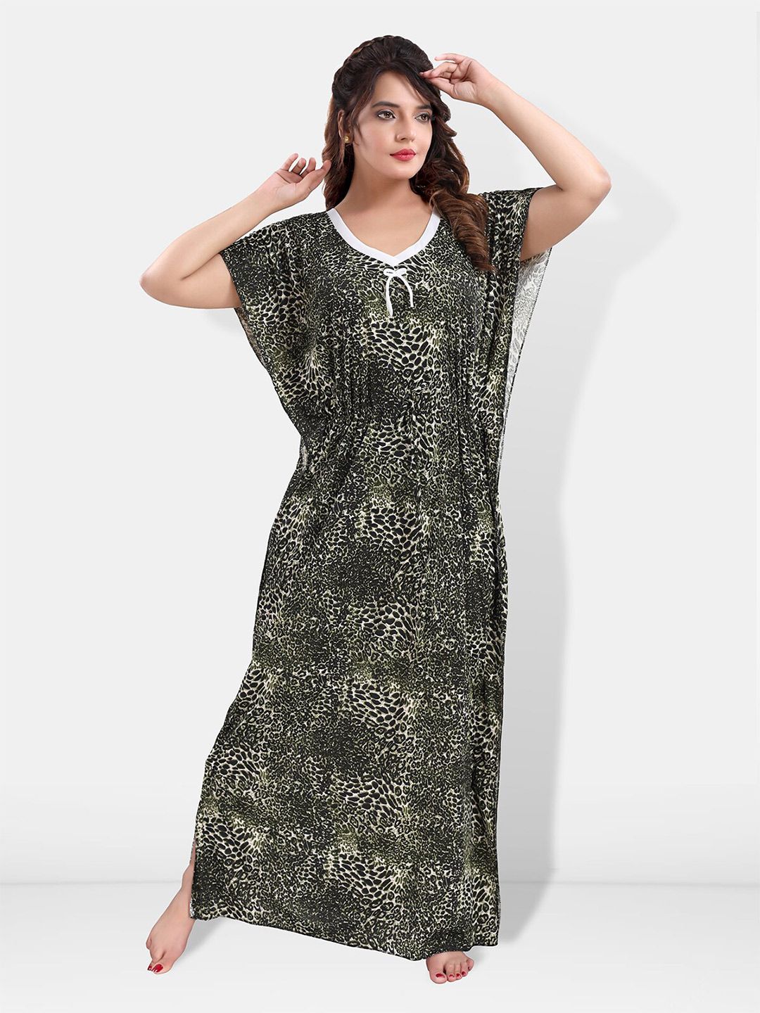 Be You Animal Printed V-Neck Satin Kaftan Nightdress