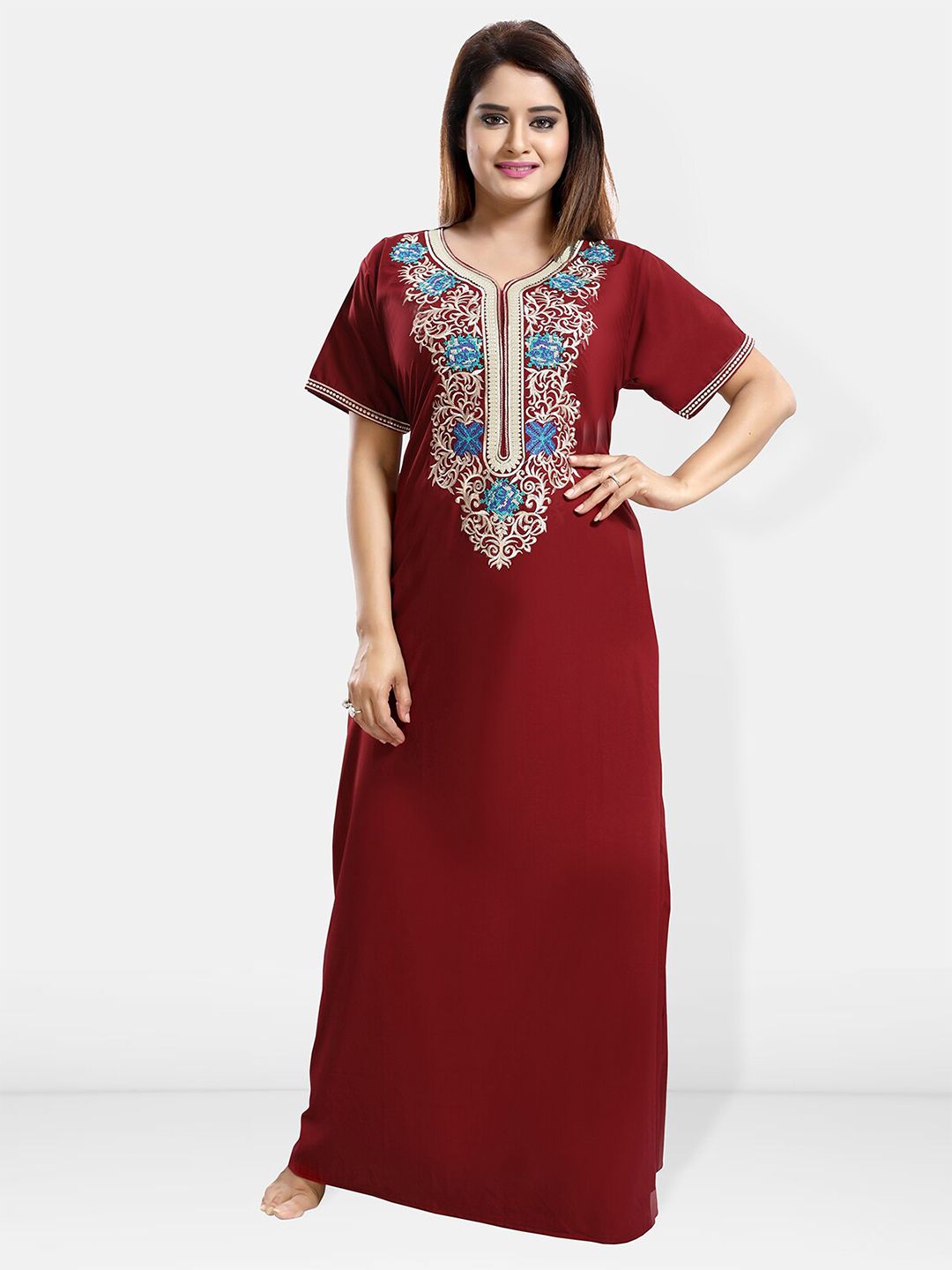Be You Ethnic Motifs Embroidered Maxi Nightdress