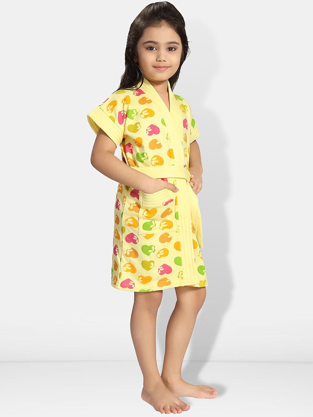 Hearts Yellow Conversational Cotton Drawstring Knee Length Bath Robe