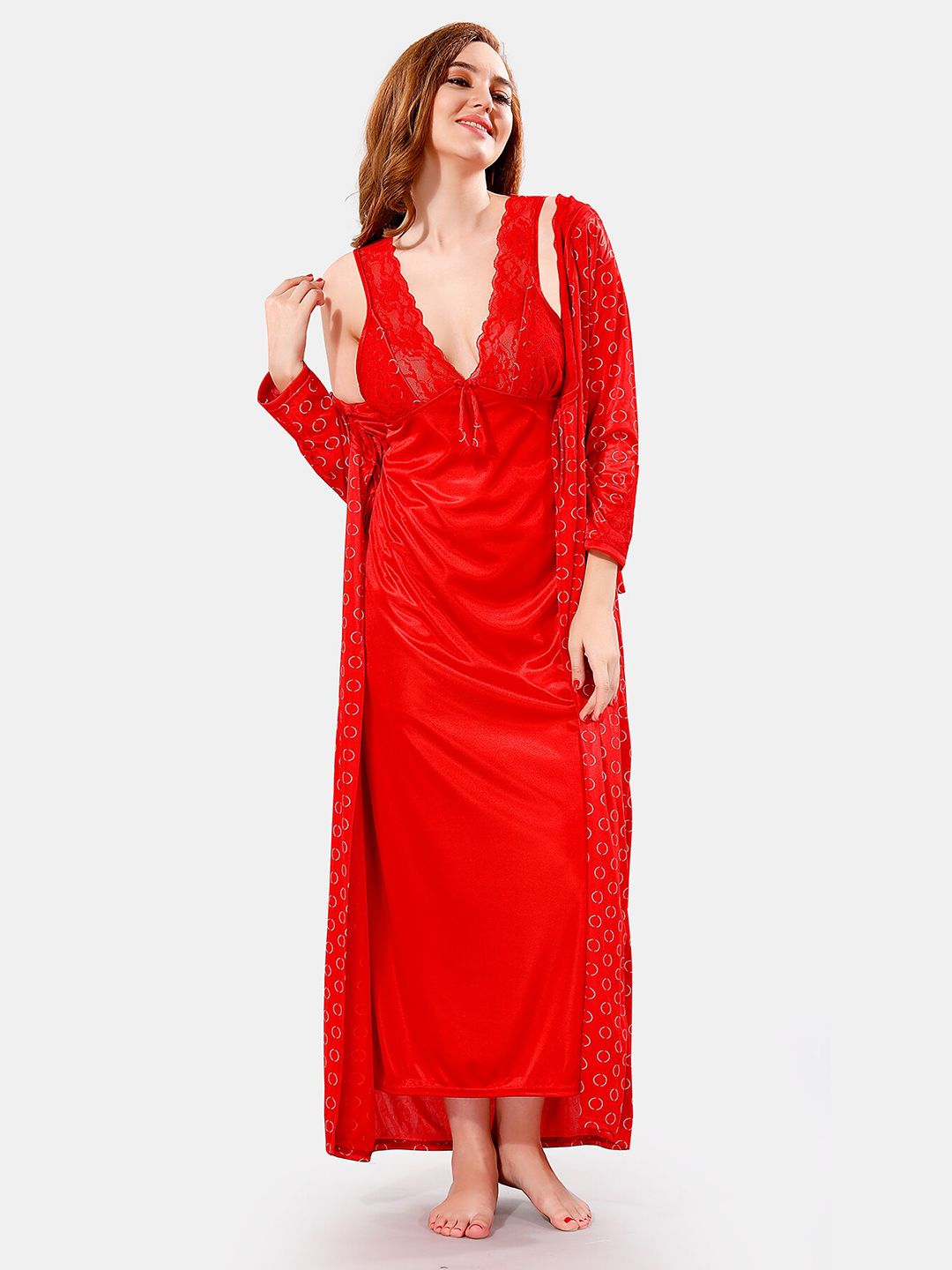 Be You V Neck Lace Satin Maxi Nightdress With Robe
