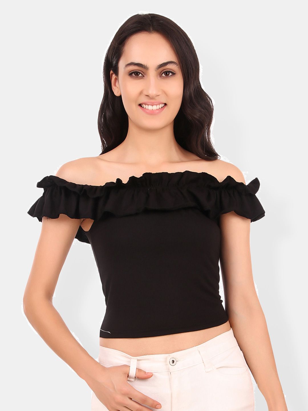Be You Off-Shoulder Flutter Sleeve Ruffles Cotton Bardot Crop Top