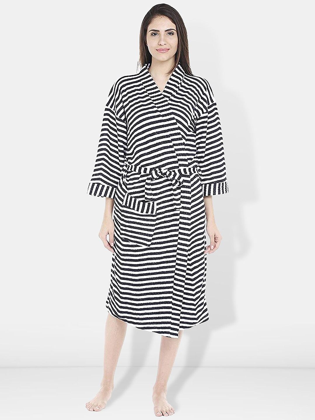 Be You Women Striped Cotton Anti-bacterial Super Soft Bath Robe With Belt