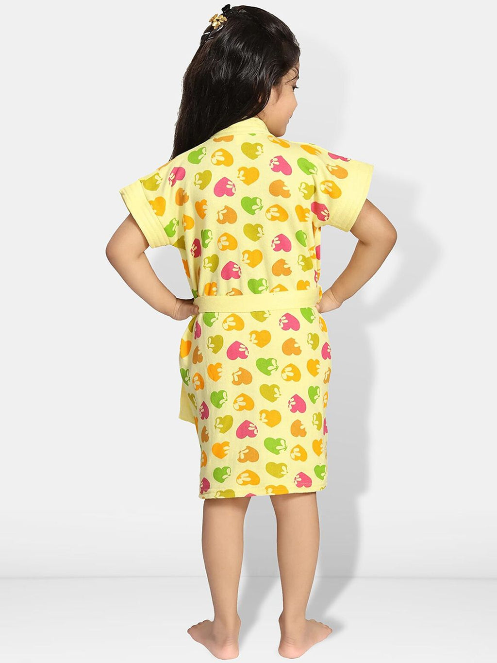 Hearts Yellow Conversational Cotton Drawstring Knee Length Bath Robe
