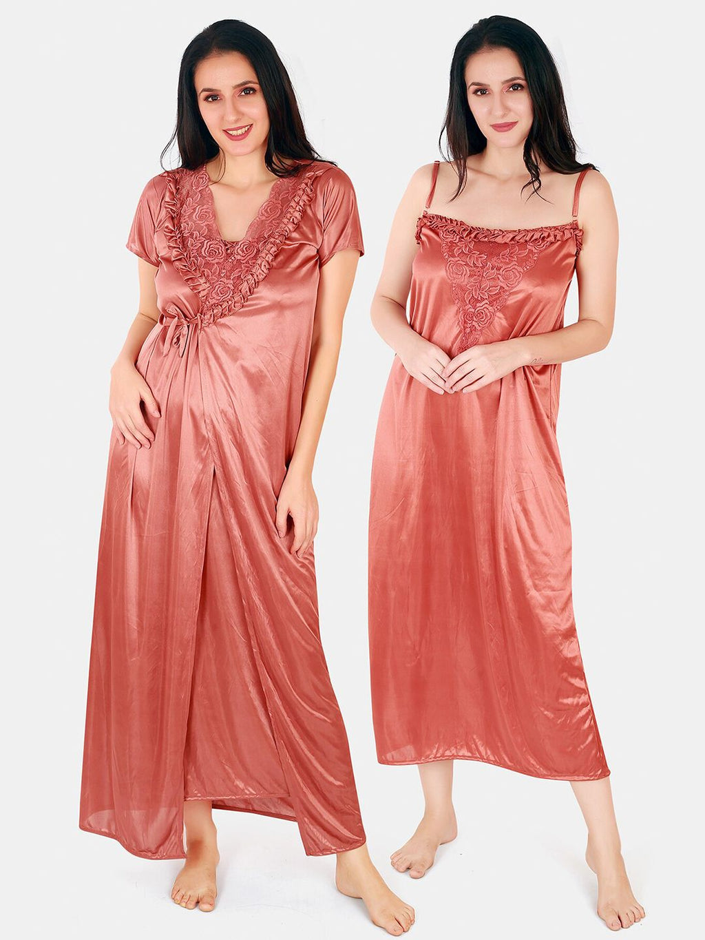 Be You Floral Lace Shoulder Straps Satin Maxi Nightdress With Robe