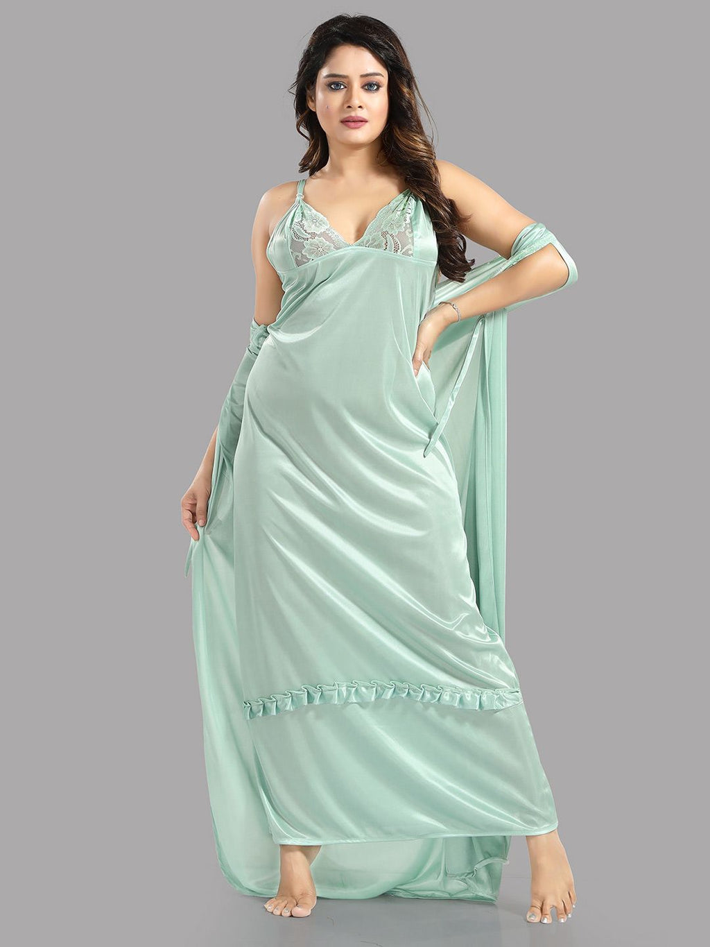 Green Satin Maxi Shoulder Straps Nightdress
