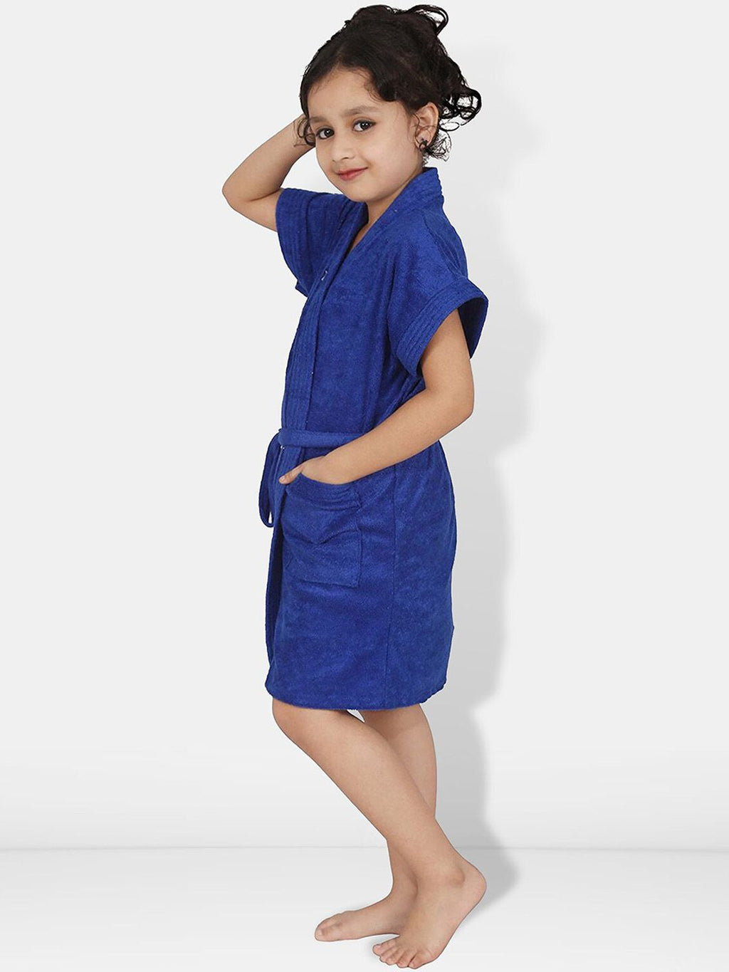 Blue Solid Cotton Drawstring Knee Length Bath Robe