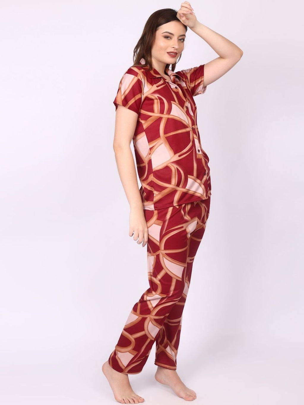 Women Maroon Printed Night suit