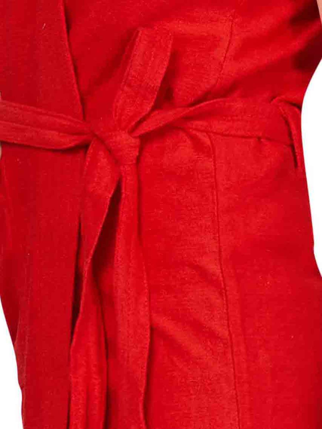 Red Solid Cotton Drawstring Knee Length Bath Robe