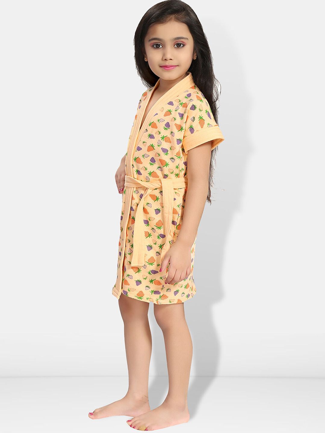 Strawberry Print Cream Conversational Cotton Drawstring Knee Length Bath Robe