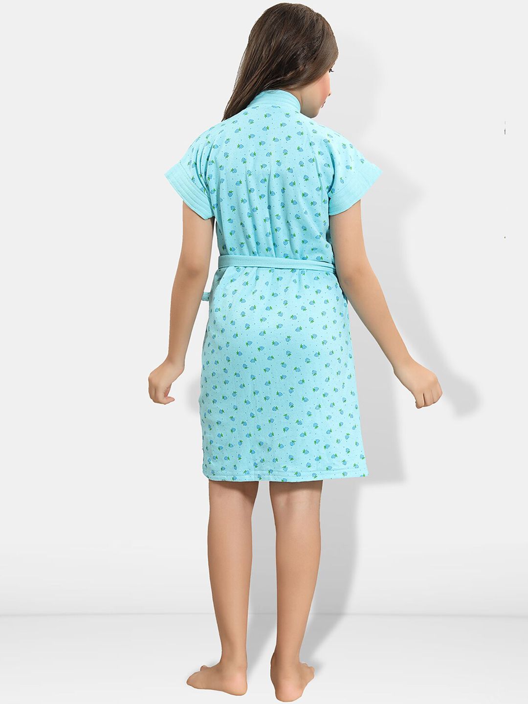 Blue Conversational Cotton Drawstring Knee Length Bath Robe