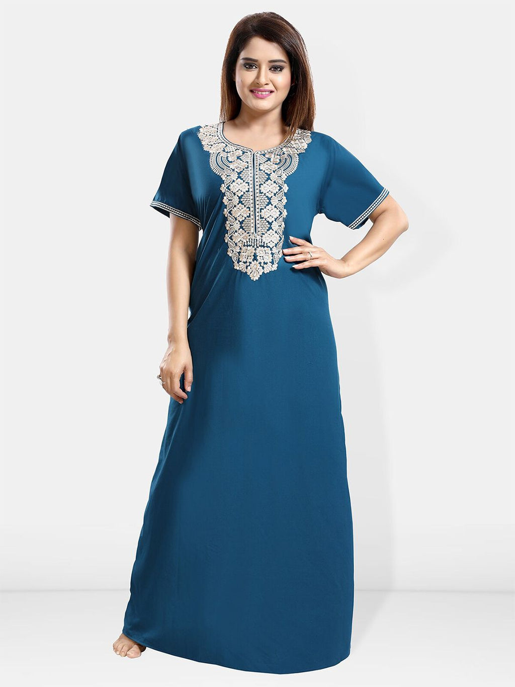 Be You Ethnic Motifs Embroidered Maxi Nightdress
